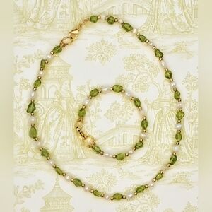 Green Peridot & Baroque Pearls In Dainty 18K Gold Plated Necklace & Bracelet